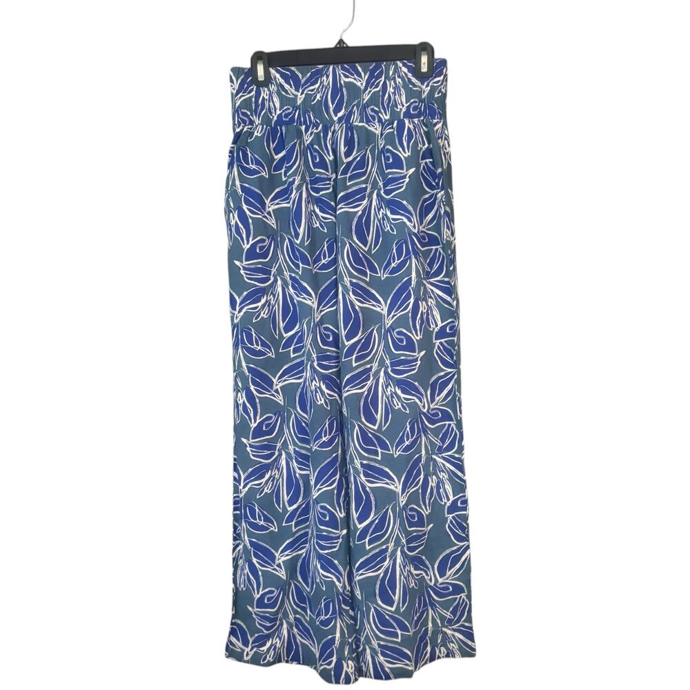 Sincerely Jules Linen Wide Leg Pants L Blue Botanical Print Boho Coastal Flowy